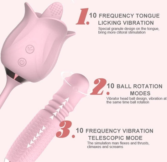 3-in-1 Blooming Sexy Pink Rose Toy Rotating Pearls Telescopic Vibrator