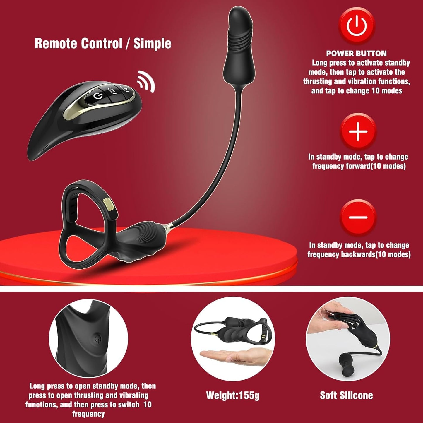 جهاز تدليك البروستاتا 2 في 1 مع حلقة للقضيب ودفع شرجي مع مشبك حلقي قابل للتعديل