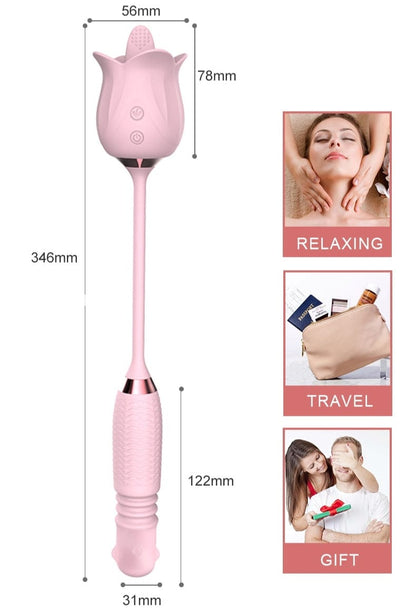 3-in-1 Blooming Sexy Pink Rose Toy Rotating Pearls Telescopic Vibrator