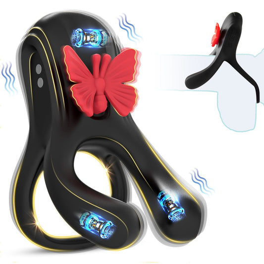 3-in-1-Penisring mit Schmetterlingsmotiv, 3 Motoren, 10 Modi, erektionssteigernder Vibrations-Penisvibrator